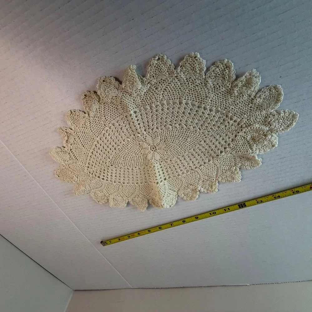 Vintage Beige Crochet Doilie Oval Victorian Lace Floral Cottagecore Centerpiece